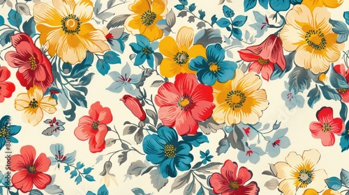 A colorful floral print with a blue and yellow flower in the center. The flowers are arranged in a way that creates a sense of movement and flow. Scene is cheerful and uplifting, as the bright colors