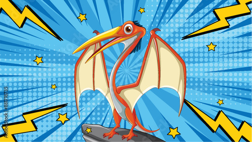 A heroic pterodactyl in a comic-style scene