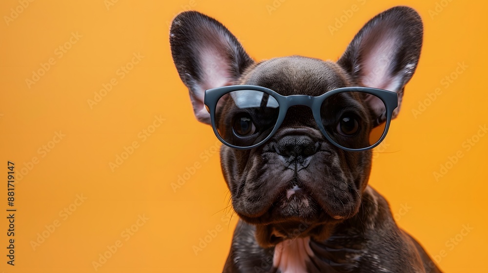 Adorable French Bulldog wearing black glasses against a vibrant orange background, looking directly at the camera. Adorable French Bulldog wearing black glasses against a vibrant orange background, looking directly at the camera.