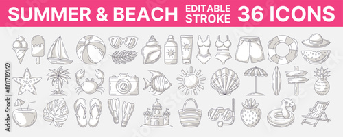 Summer and beach, vector minimalist monochrome gray line icon set. Editable stroke. Outline icons collection of seasonal rest and vacation accessories. Concept of travel, holiday, tourism, relax