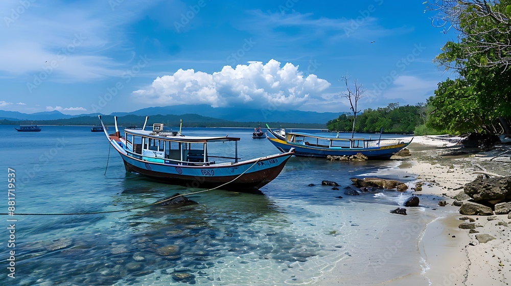 Fototapeta premium Aerial View of a Tropical Beach with Boats and Clear Water