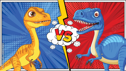 Two dinosaurs face off in a comic style