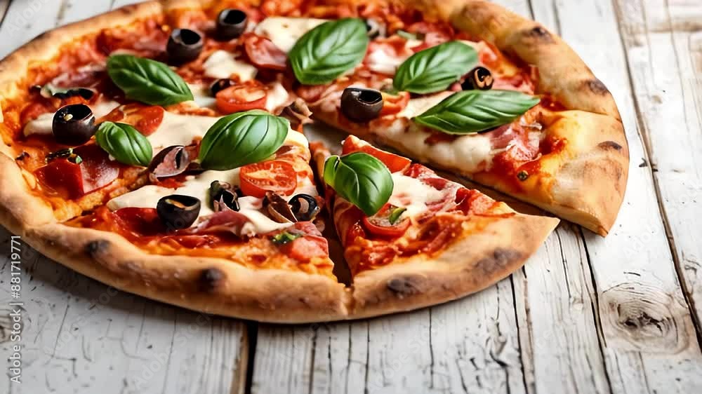 Italian Neapolitan pizza (neopolitan pizza), sliced and one piece is separated, tomatoes,  mozzarella cheese, olives, basil, against a white wooden background. Pizzeria delivery concept. Tabletop	