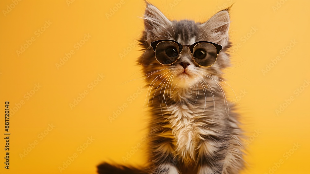 Adorable kitten wearing glasses against a vibrant yellow background. Ideal for animal, pet, and cute-themed stock photos.