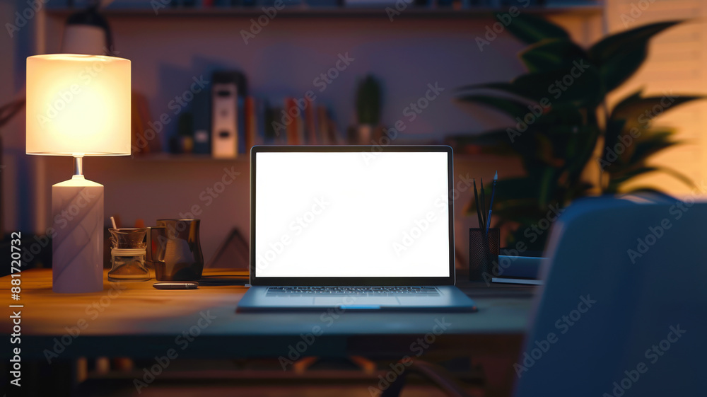 There is an open laptop on the desk with a lamp on the left. A mockup of a stylish modern laptop in a home office There is an open laptop on the desk with a lamp on the left. A mockup of a stylish modern laptop in a home office