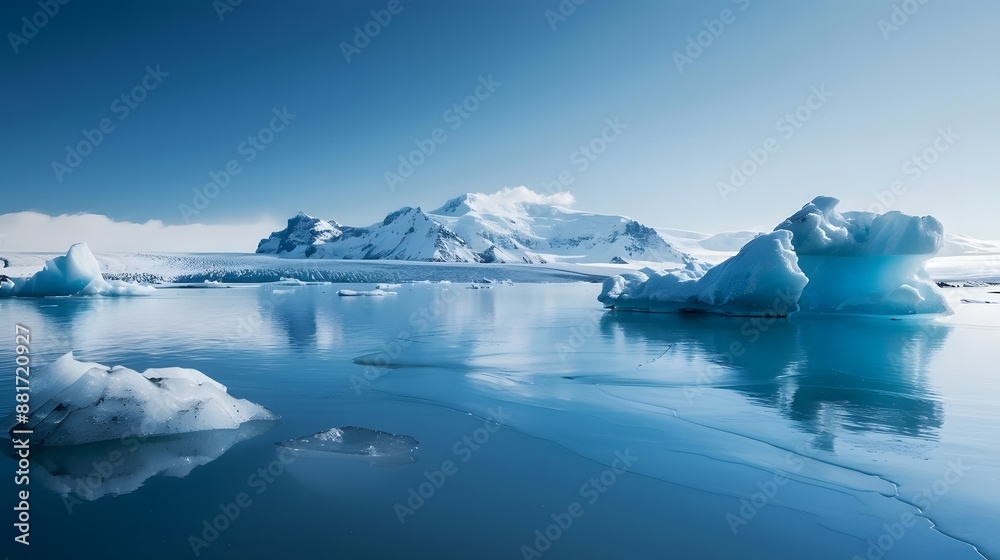 Serene view of the jokulsarlon glacier lagoon in iceland, featuring vivid blue icebergs against a backdrop of snowy mountains under a clear sky. Serene view of the jokulsarlon glacier lagoon in iceland, featuring vivid blue icebergs against a backdrop of snowy mountains under a clear sky.