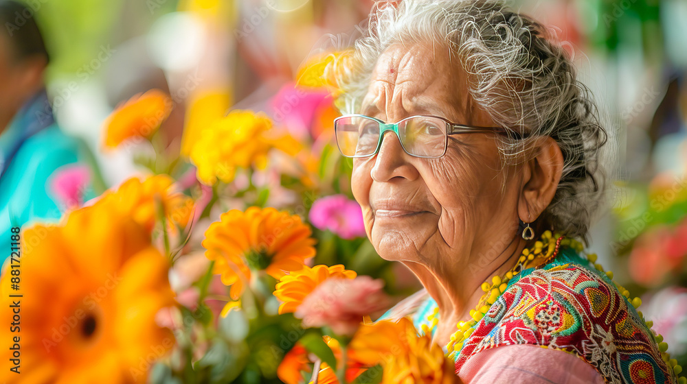 Latin senior woman surrounded by flowers smiling during senior citizens day Latin senior woman surrounded by flowers smiling during senior citizens day