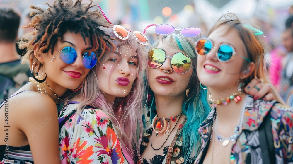 Here is the image titled A group of friends having fun, featuring women and children with beautiful faces, colorful fashion, and joyful expressions at a carnival Here is the image titled A group of friends having fun, featuring women and children with beautiful faces, colorful fashion, and joyful expressions at a carnival