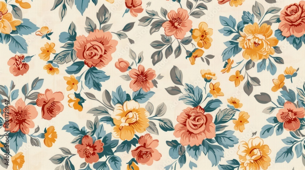 A floral patterned wallpaper with a yellow and orange flower design. The flowers are scattered throughout the wallpaper, with some larger and more prominent than others. Scene is cheerful and bright