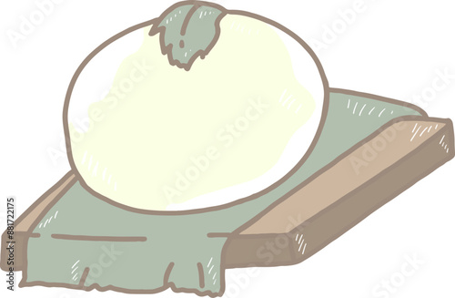 Cartoon Japanese mochi sweets, green tea flavor, placed on green leaves. and topping with tea leaves