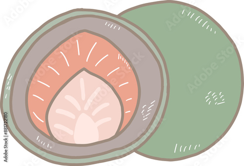 Cartoon dark green green tea flour mochi filled with red bean paste. and fresh strawberries