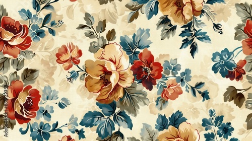 A floral print with a blue and green background. The flowers are red and yellow. The print is very colorful and lively