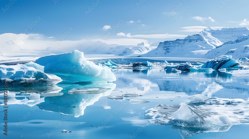 Serene view of the jokulsarlon glacier lagoon in iceland, featuring vivid blue icebergs against a backdrop of snowy mountains under a clear sky. Serene view of the jokulsarlon glacier lagoon in iceland, featuring vivid blue icebergs against a backdrop of snowy mountains under a clear sky.