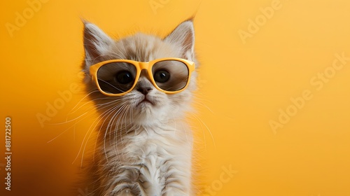 Cute fluffy kitten wearing stylish sunglasses against a vibrant orange background, capturing a playful and trendy vibe. photo