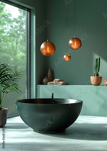 A bathroom with a large bathtub and a potted plant. The room is decorated with a green color scheme and has a modern design