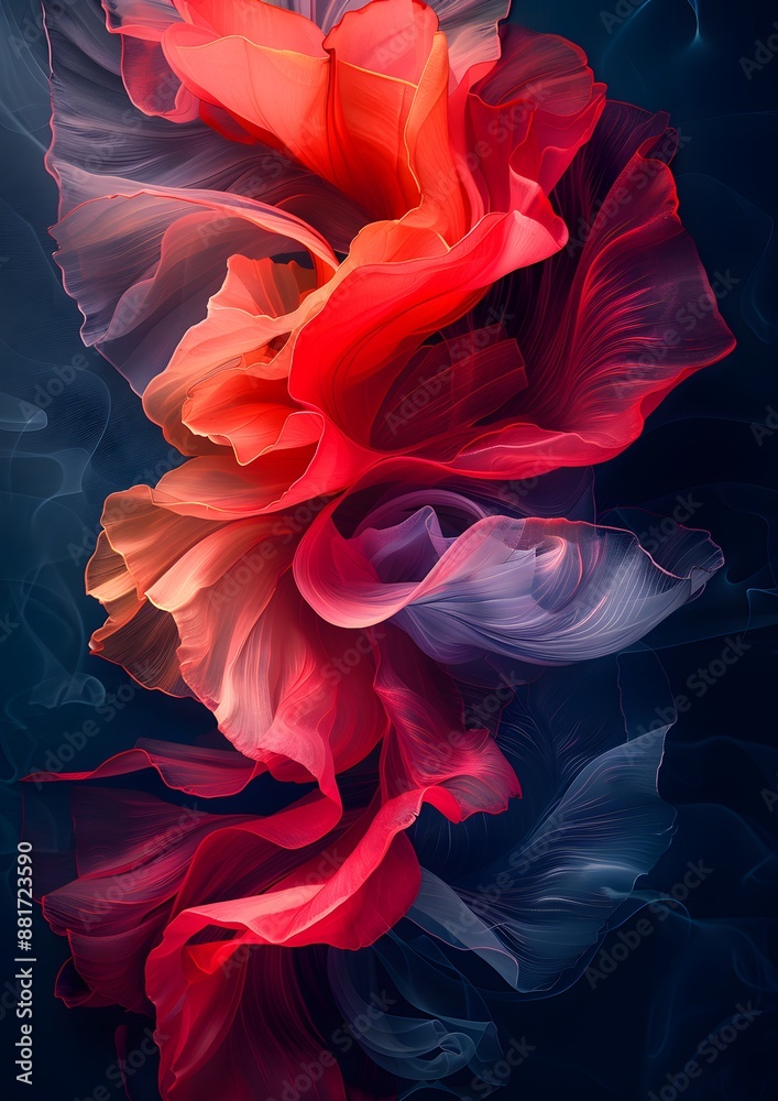 Obraz premium A colorful flower with red, orange, and blue petals. The flower is in the center of the image and is surrounded by a blue background. The colors of the flower are vibrant and eye-catching