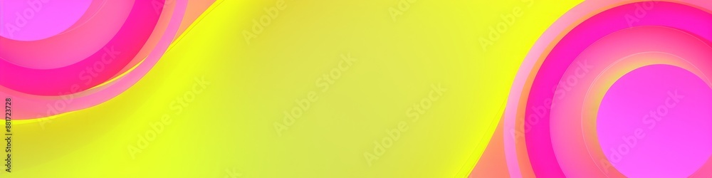 A banner with a yellow background featuring abstract pink circular shapes
