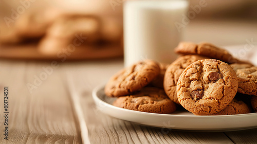 A plate of cookies sits on a wooden table next to a glass of milk