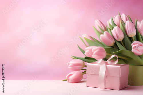 a pink gift box and tulips © Elena