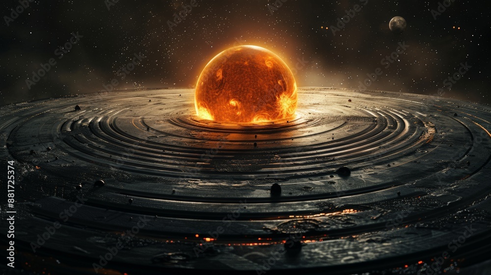 Obraz premium A solar system in the shape of a vinyl record, black white and orange, magma sun in the center, small planet orbitating around, vinyl is the orbits.