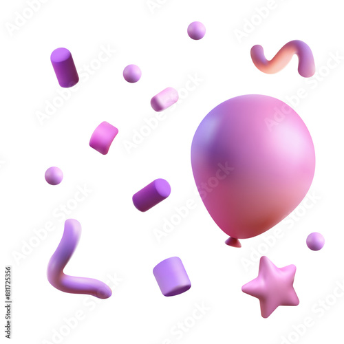 Confetti party clapper 3d vector, shapes. Birthday or carnival fireworks or popper paper streamers, star and elements for greeting design. purple, pink