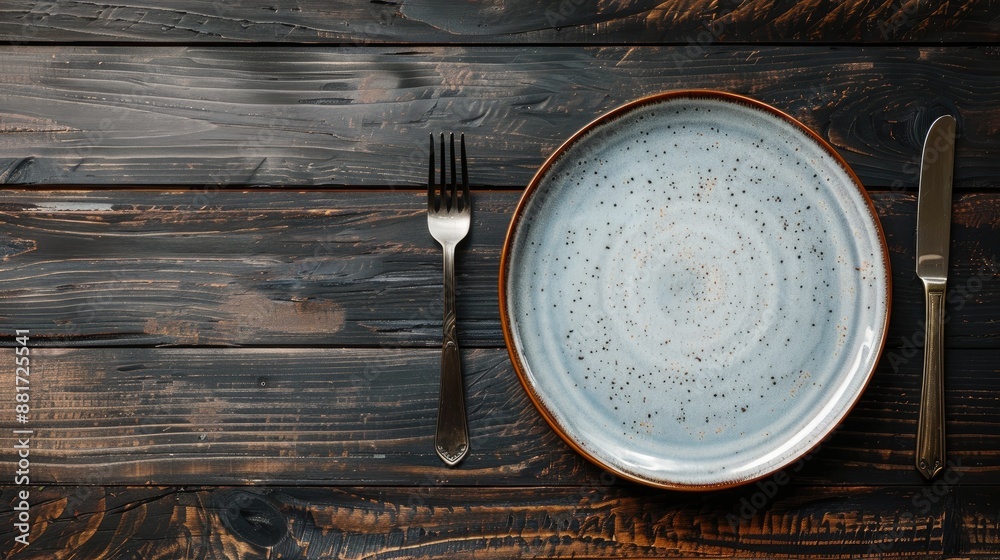 Ceramic plate on dark wooden table top view menu concept with utensils mockup Ceramic plate on dark wooden table top view menu concept with utensils mockup