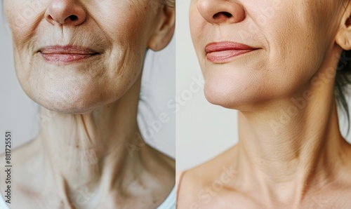 close-up before and after comparison of mature woman's neck and lower face showing skin tightening and anti-aging results photo