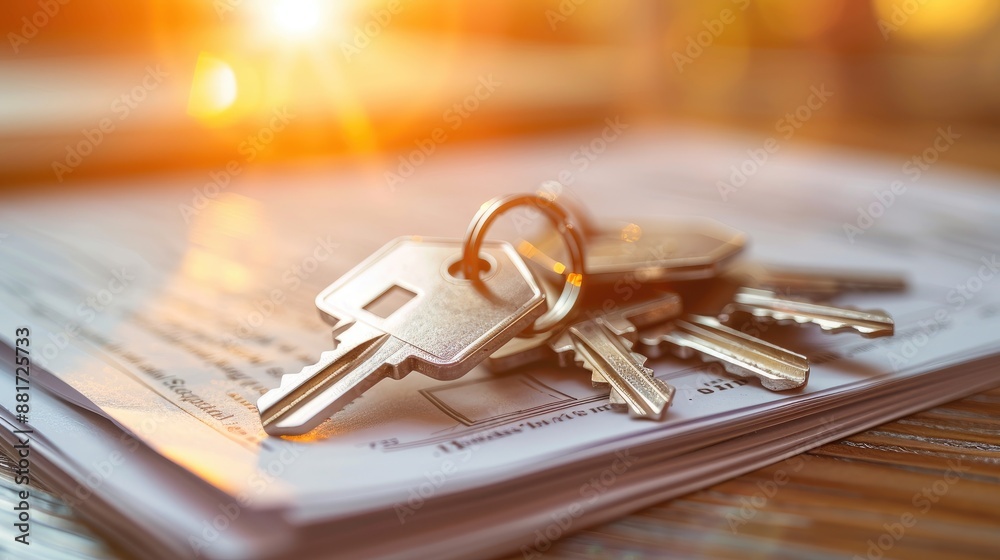 Silver Key on House-shaped Keyring with Mortgage Documents in Sunlight Glow, Dream Home Achievement Silver Key on House-shaped Keyring with Mortgage Documents in Sunlight Glow, Dream Home Achievement