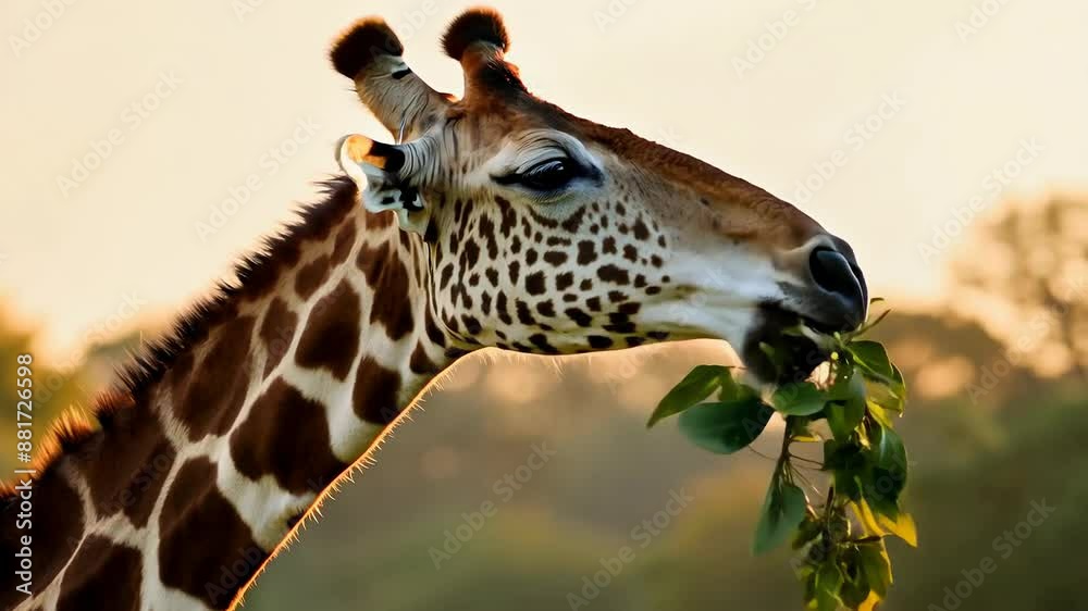 Serene giraffe grazing at sunset in natural habitat
