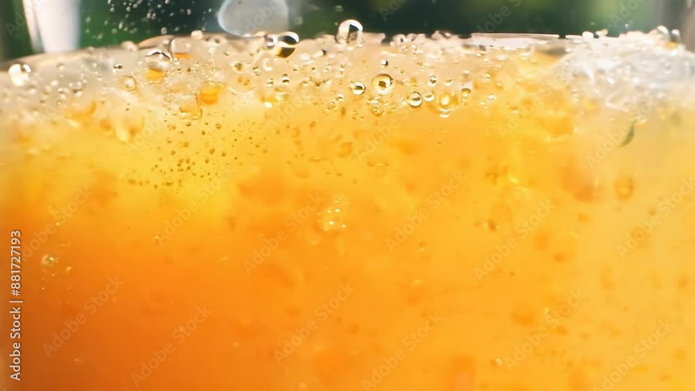 Close-up of fresh orange juice with bubbles Close-up of fresh orange juice with bubbles
