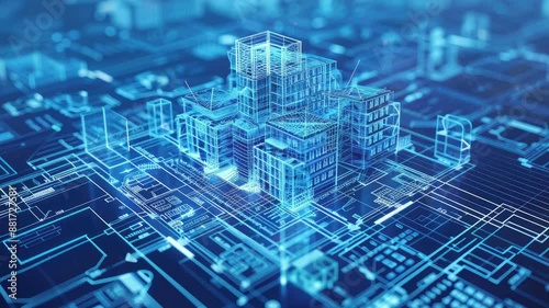 Architectural blueprint merging with technology, 4K animation video looping
