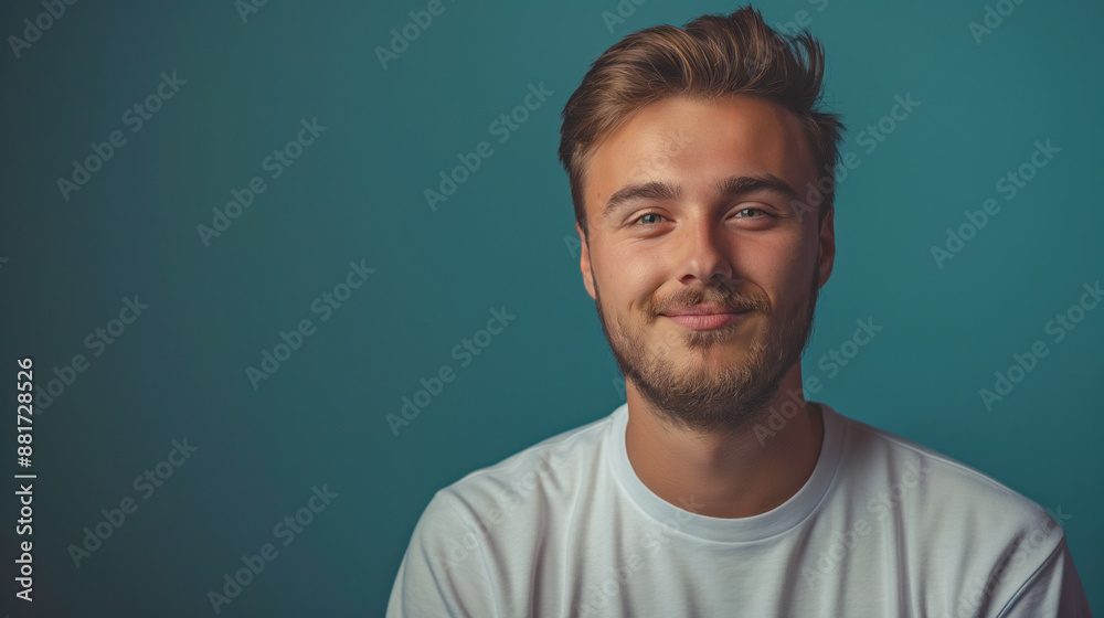 Portrait of a smiling young man in a white t-shirt, teal blue background, concept of casual lifestyle. Generative AI Portrait of a smiling young man in a white t-shirt, teal blue background, concept of casual lifestyle. Generative AI