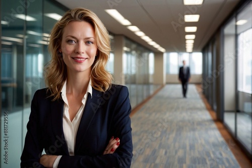 Smiling confident Businesswoman in Modern office hallway with glass wall boardroom © Kheng Guan Toh