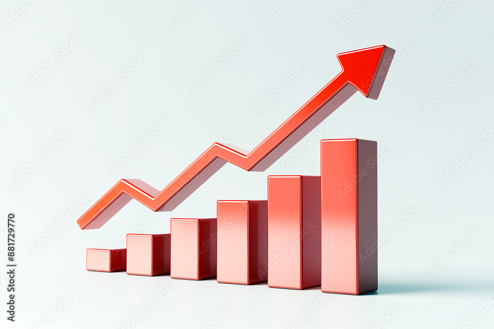 A rising arrow over a bar graph symbolizing growth, minimalist style, on a plain background, concept of success. Generative AI