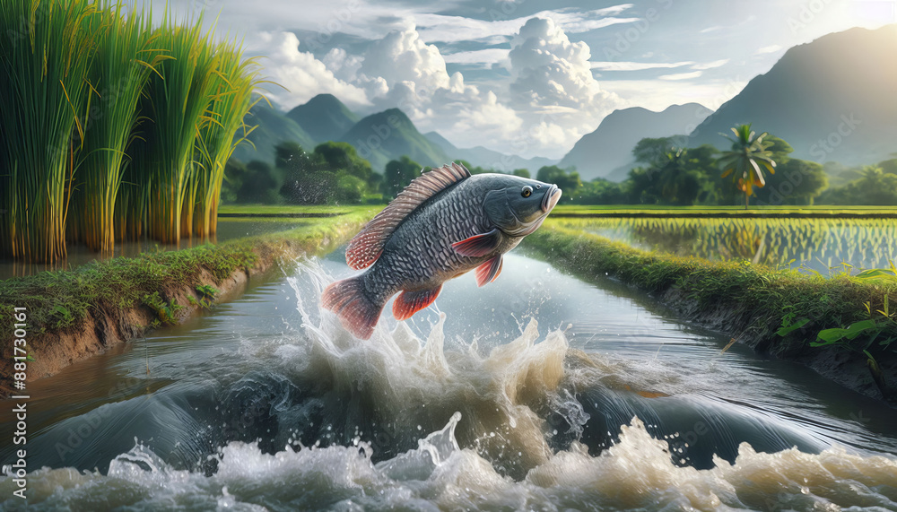 Fototapeta premium Big tilapia jump above the water All around there was water splashing in the stream. There were rice plants all around. In the background there are rice plants, mountains, and clouds.