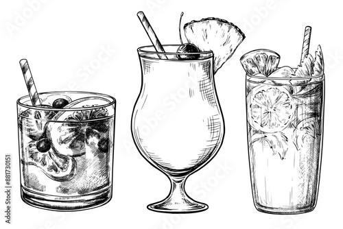 Cocktails in a glass set hand drawn vintage vector sketch drawing