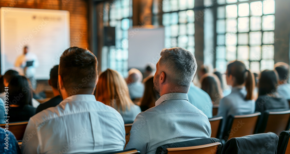 Audience seated at a conference, focused on a speaker at the front, brightly-lit room, concept of learning and professional development. Generative AI Audience seated at a conference, focused on a speaker at the front, brightly-lit room, concept of learning and professional development. Generative AI