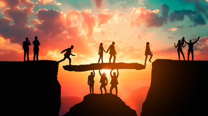 Silhouetted people on a cliff at sunset, two shaking hands over a gap, against a vibrant sky, conveying teamwork. Generative AI
