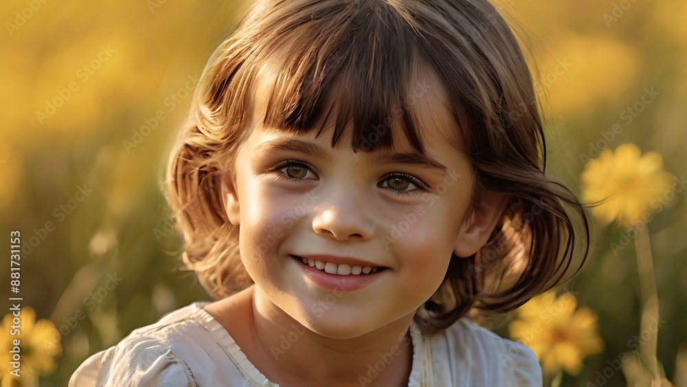 Cute little girl in field of yellow flowers, smiling express joy, close-up and selective focus. Positive think, attitude, emotion, mental health, happy life concept Cute little girl in field of yellow flowers, smiling express joy, close-up and selective focus. Positive think, attitude, emotion, mental health, happy life concept