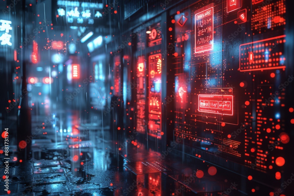 Fototapeta premium Cyberpunk Cityscape with Red Neon Lights and Rain