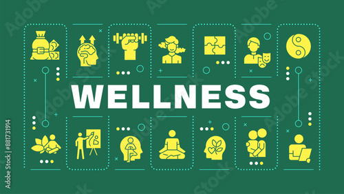 Wellness green word concept. Mental well being, spirituality. Therapeutic meditation, dosha. Visual communication. Vector art with lettering text, editable glyph icons. Hubot Sans font used