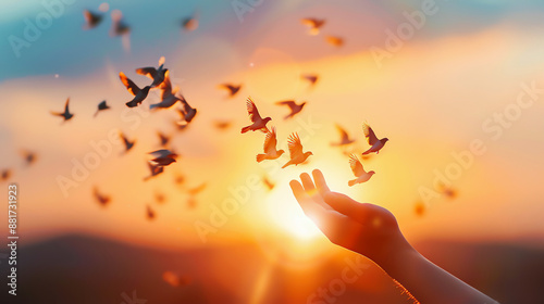 Hands releasing birds at sunset, symbolizing freedom and peace, with a beautiful sky in the background.