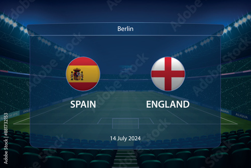 Spain vs England. Soccer scoreboard broadcast graphic