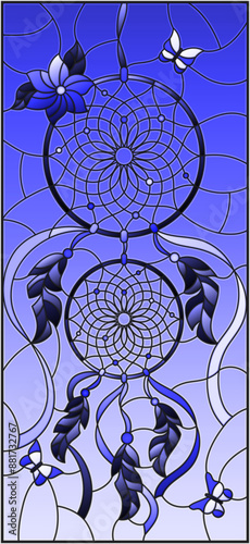Illustration in stained glass style with dream catcher and butterflies on sky background, tone blue