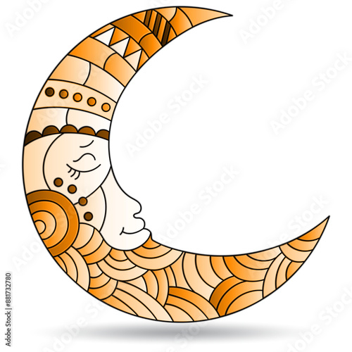 Stained glass illustration  with a  moon with faces, isolated on a white background, tone brown
