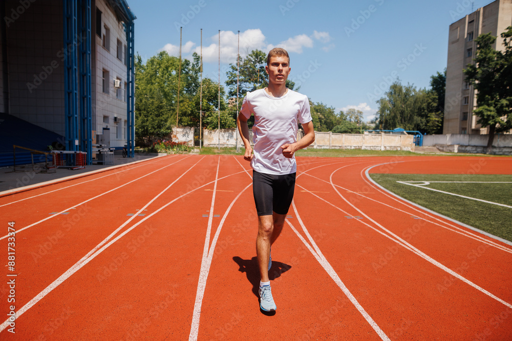 Man jogging on outdoor running track Man jogging on outdoor running track