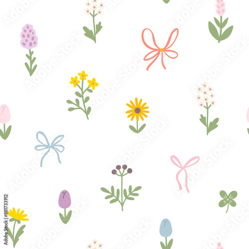Floral pattern seamless meadow flowers and bows in simple hand drawn cartoon scandinavian style in pastel palette background. Childish cute simple minimalistic. Ideal for nursery, clothes.