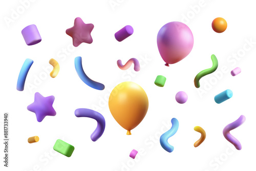 Confetti party clapper 3d vector, shapes. Birthday or carnival fireworks or popper paper streamers, star and elements for greeting design. Star, balloon