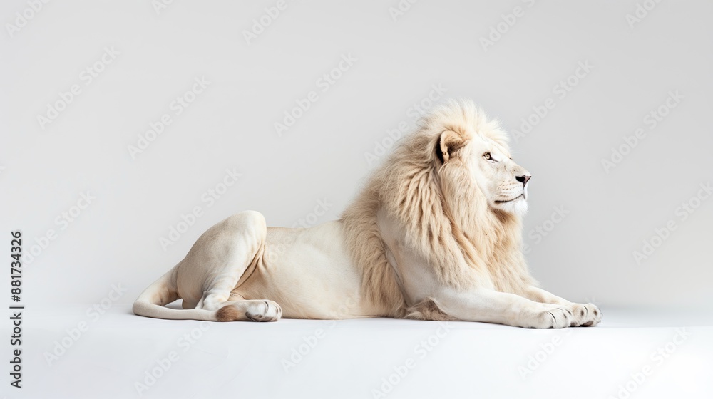Obraz premium Studio shot of a white male lion sitting and looking forward on a grey background.
