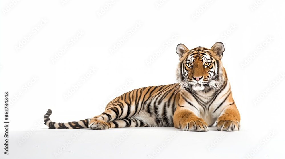 Obraz premium Studio shot of tiger sitting and looking forward on a white background.